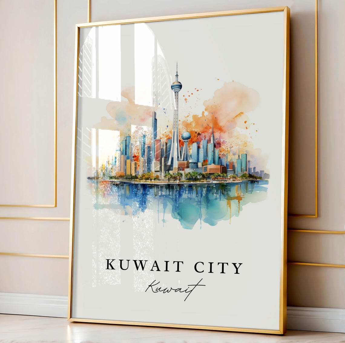Kuwait City Kuwait Modern Skyline Tower Watercolor Travel Poster - Image 3