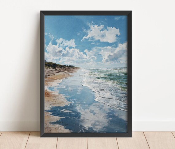 South Padre Island Texas Beach Watercolor Poster Ocean Waves Cloudy Sky