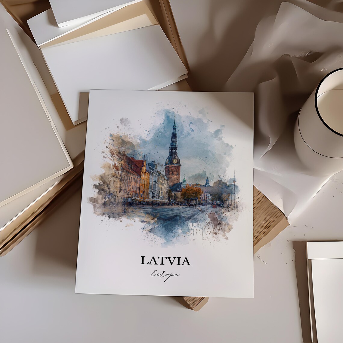 Latvia Riga Old Town Church Tower Watercolor Europe Travel Poster - Image 3