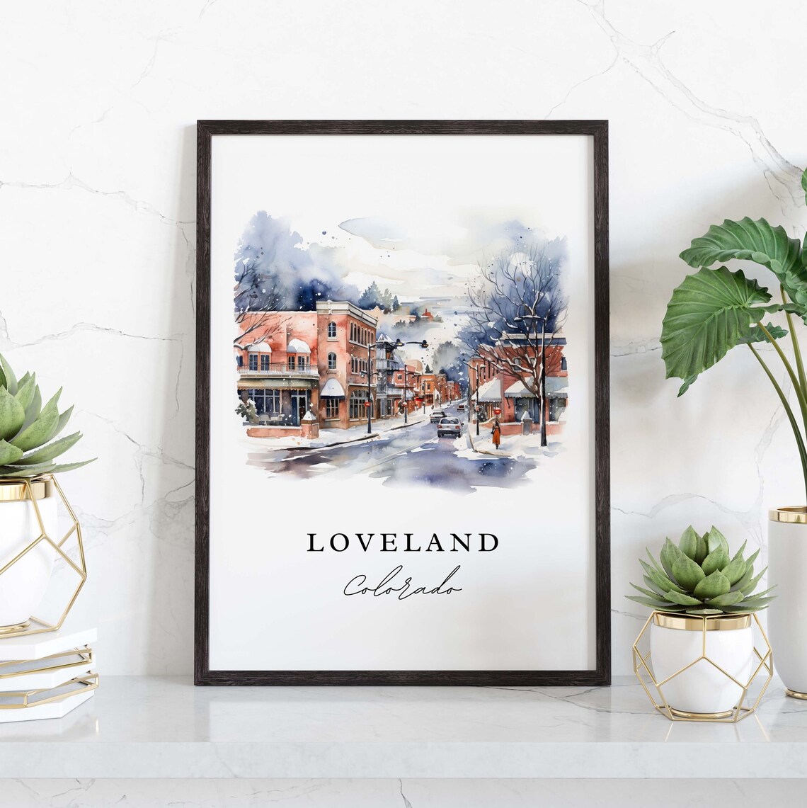 Loveland Colorado Watercolor Snowy Downtown Winter Street Poster - Image 3