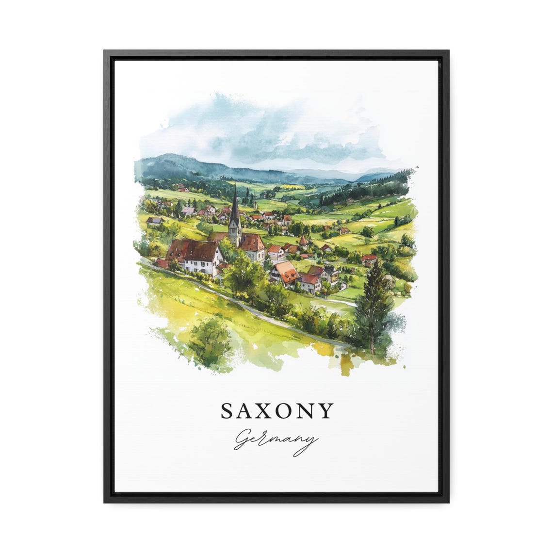Saxony Germany Countryside Village Church Watercolor Travel Poster - Image 2
