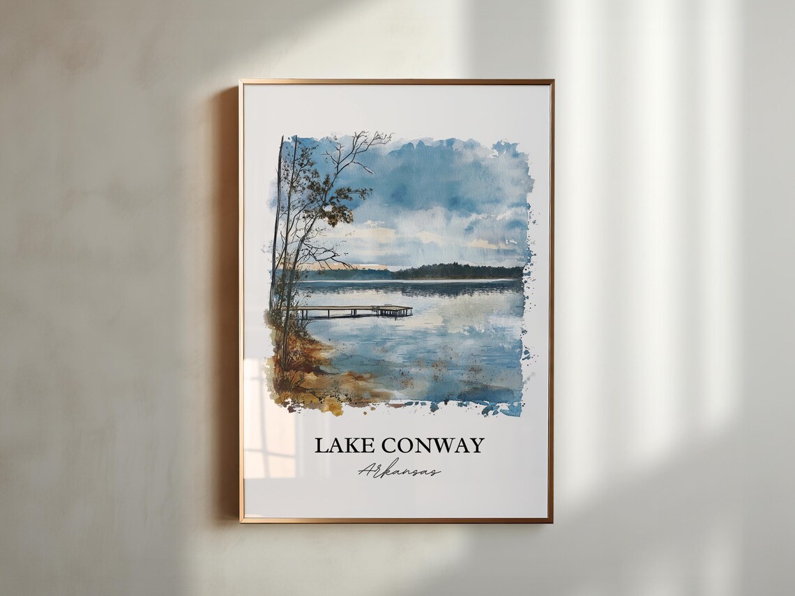 Lake Conway Arkansas Wooden Dock Autumn Watercolor Lake Poster - Image 3