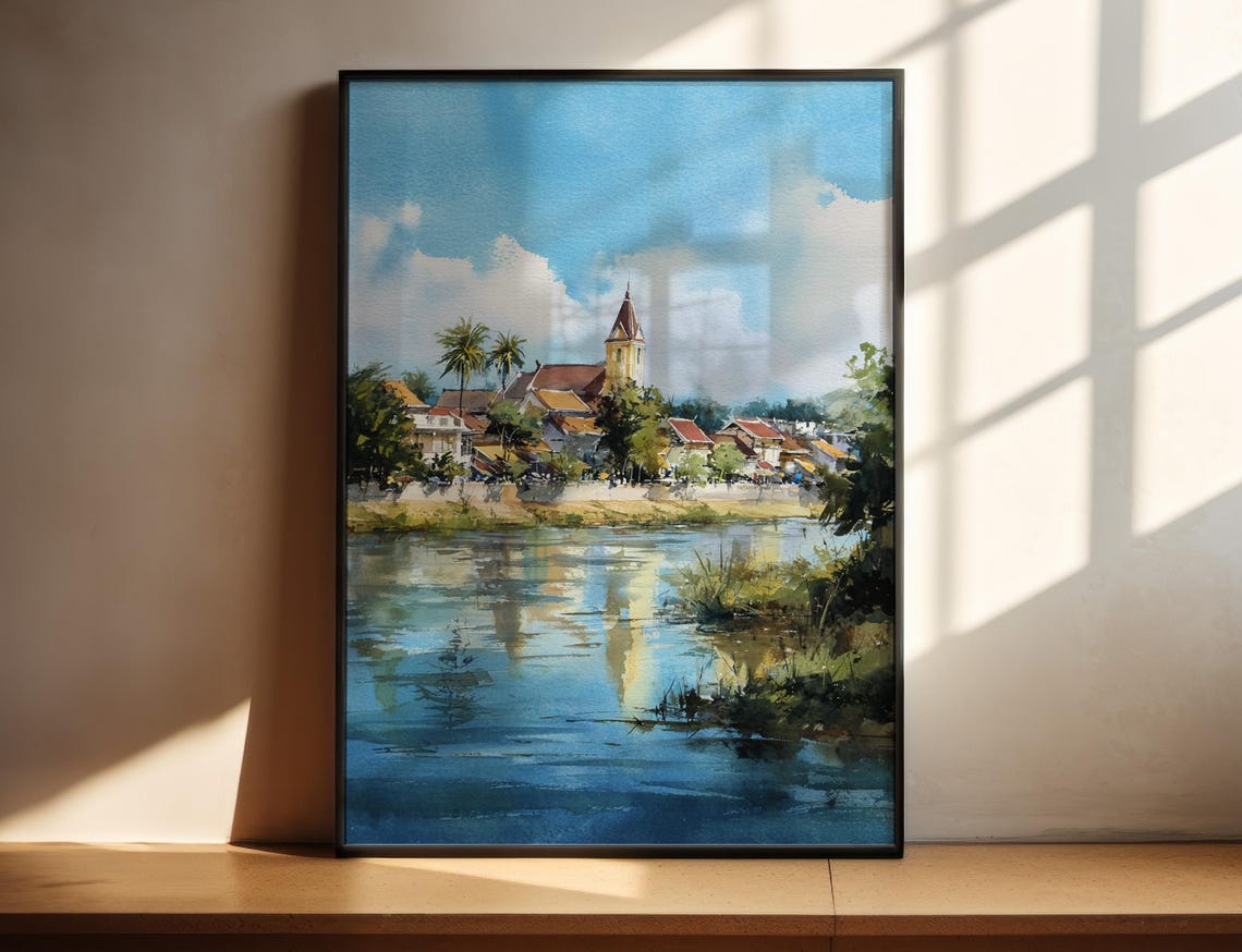 Vientiane Laos Riverside Watercolor Cityscape Scene Art Print