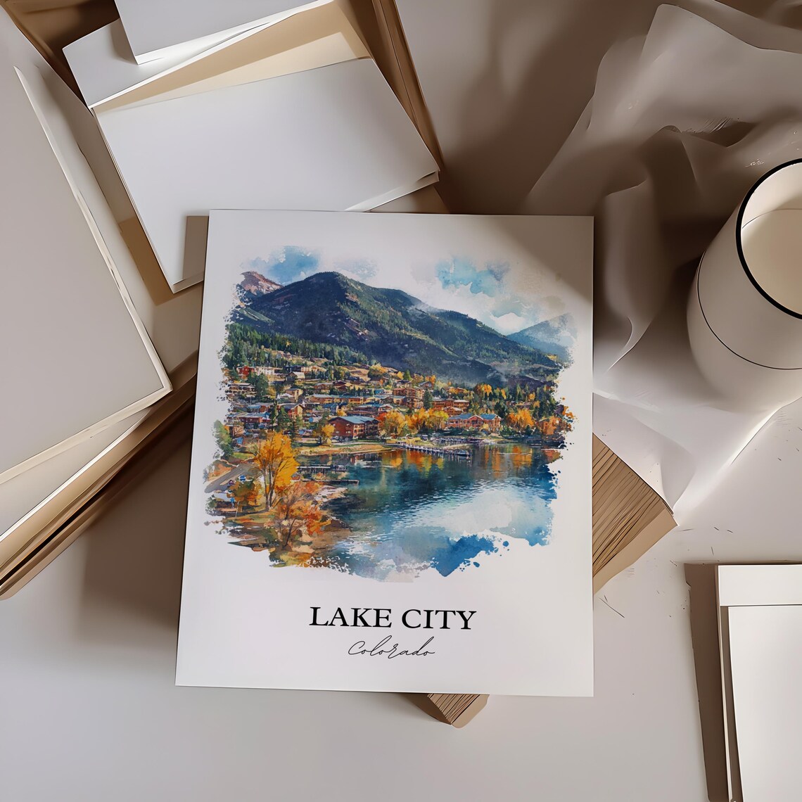 Lake City Colorado Watercolor Fall Lake Town Scene Art Poster - Image 2