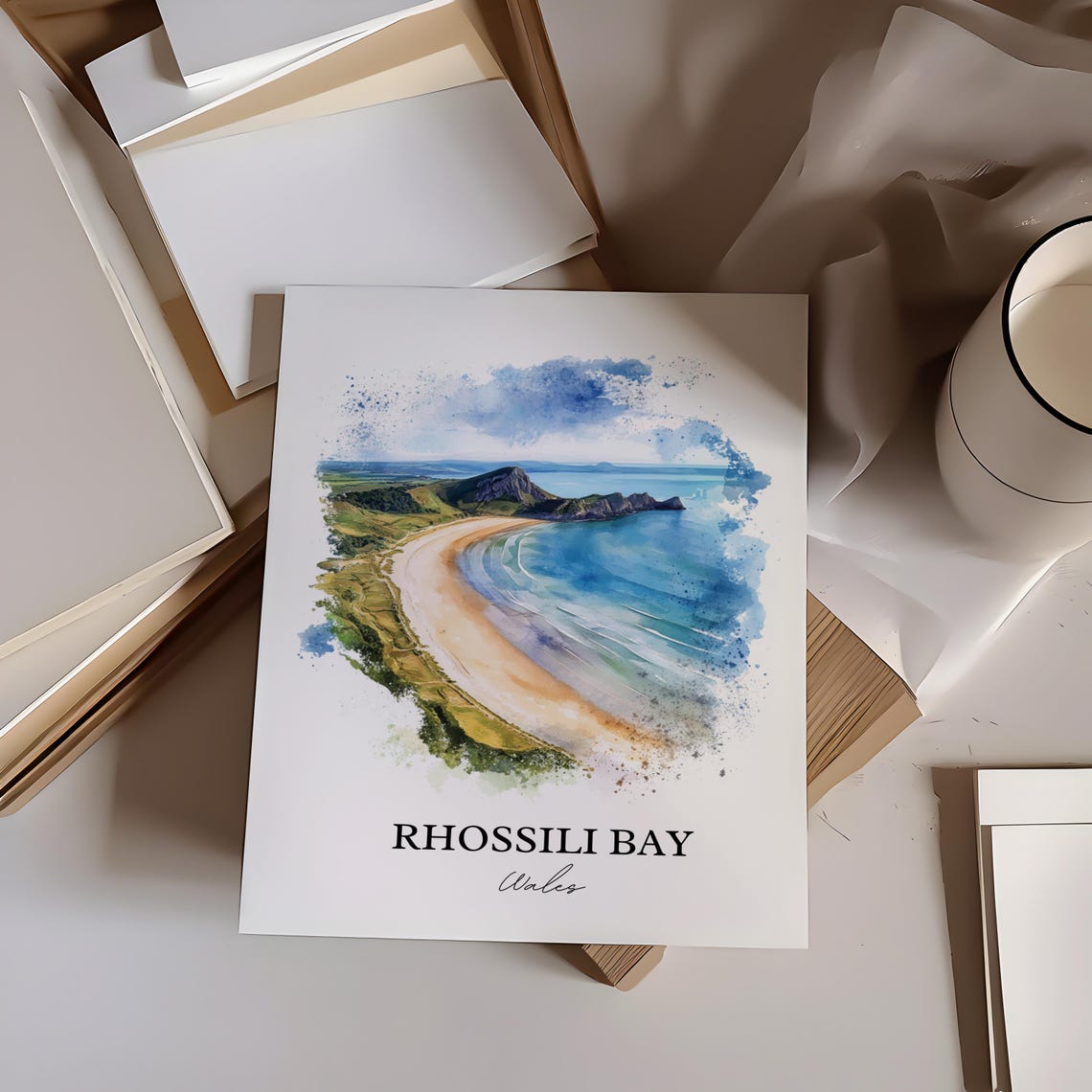 Rhossili Bay Watercolor Travel Poster, South Wales - Image 3