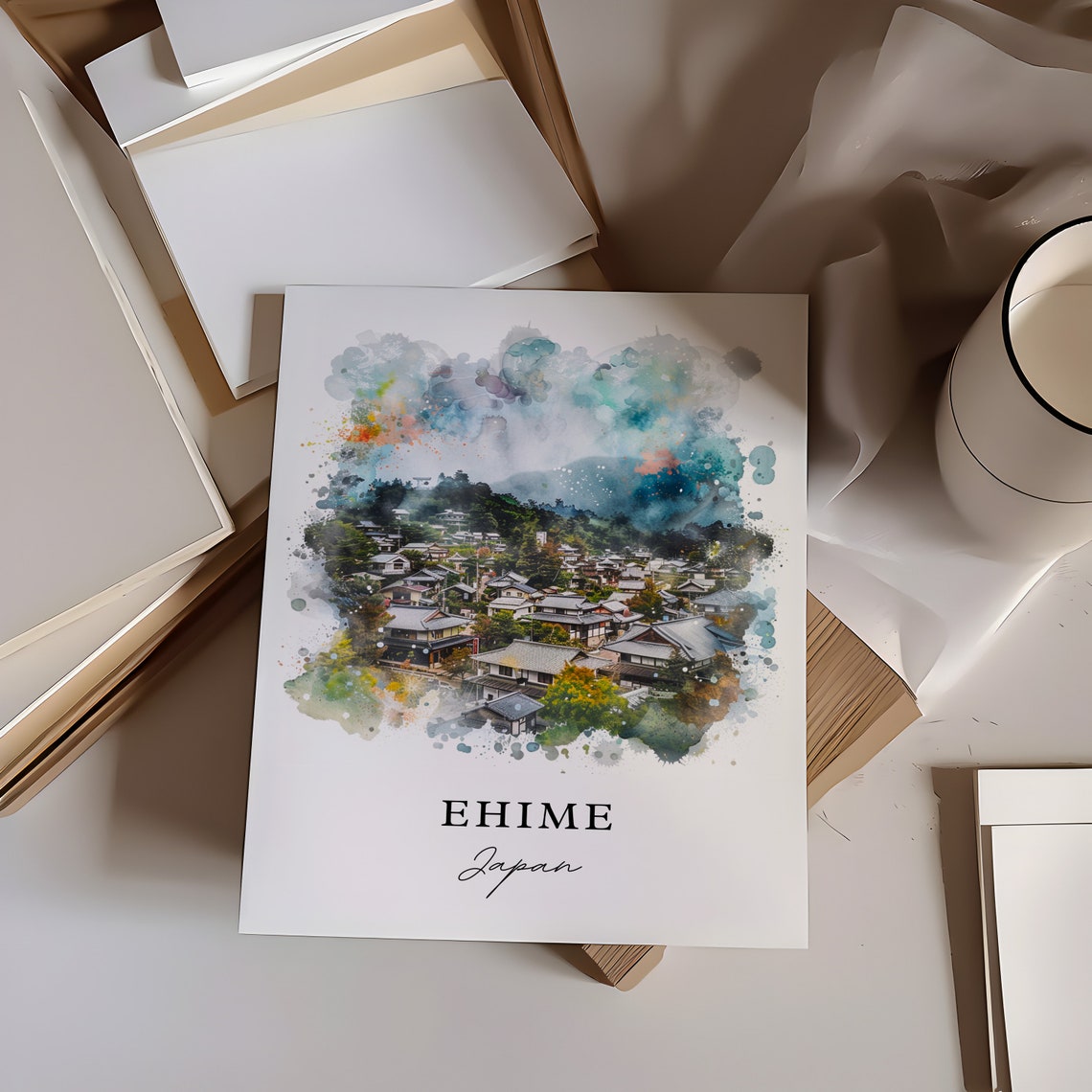 Ehime Japan Traditional Village Hillside Watercolor Travel Poster - Image 6