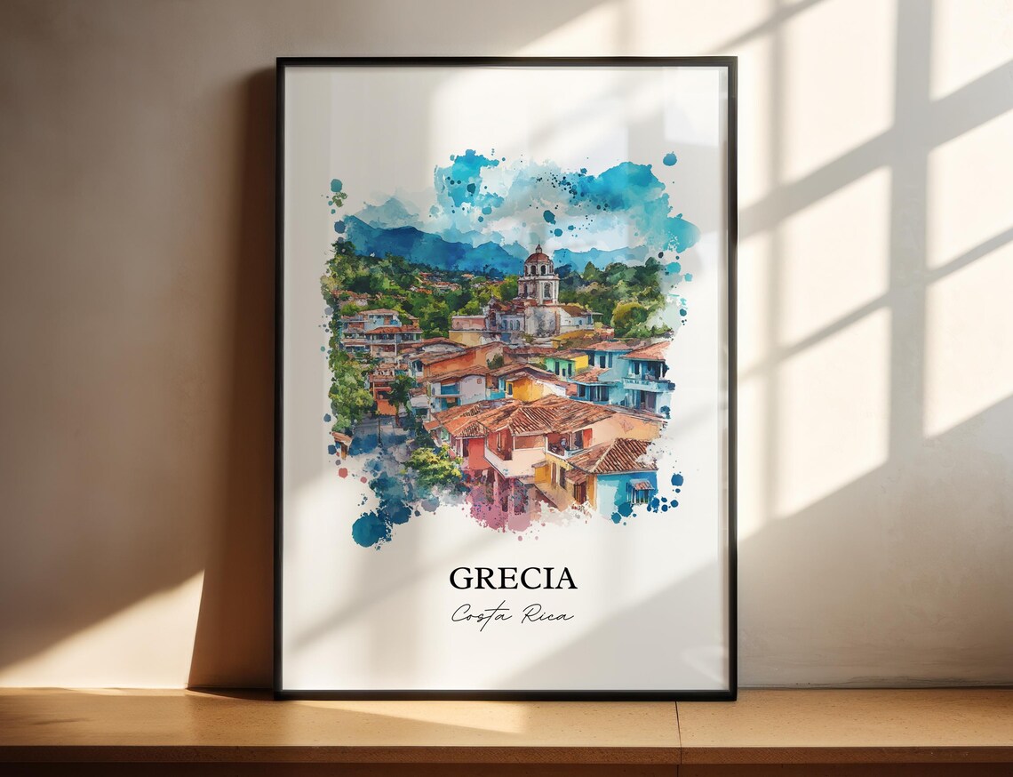 Grecia Costa Rica Watercolor Town Church Mountains Gift Poster