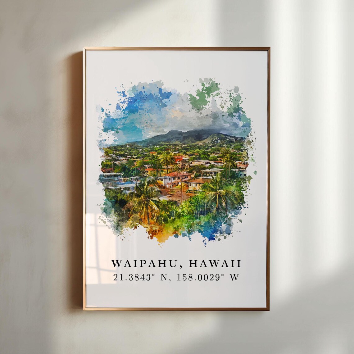 Waipahu Hawaii Coordinates Watercolor Island Landscape Travel Poster