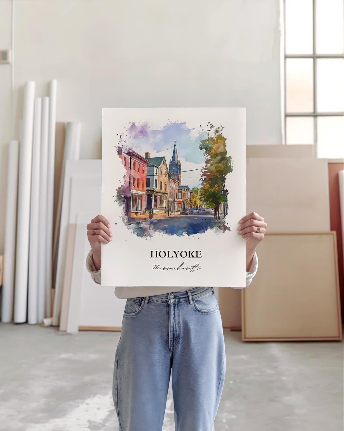 Holyoke Massachusetts Watercolor Church Steeple Street Art Poster - Image 5