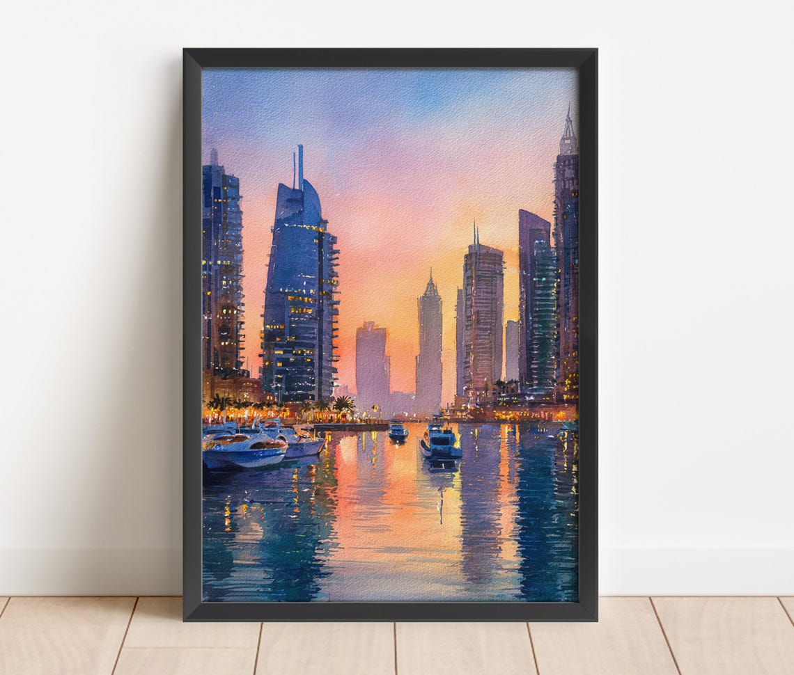 Dubai Watercolor Art Travel Print Uae Artwork United Arab Emirates Decor Skyline Wall