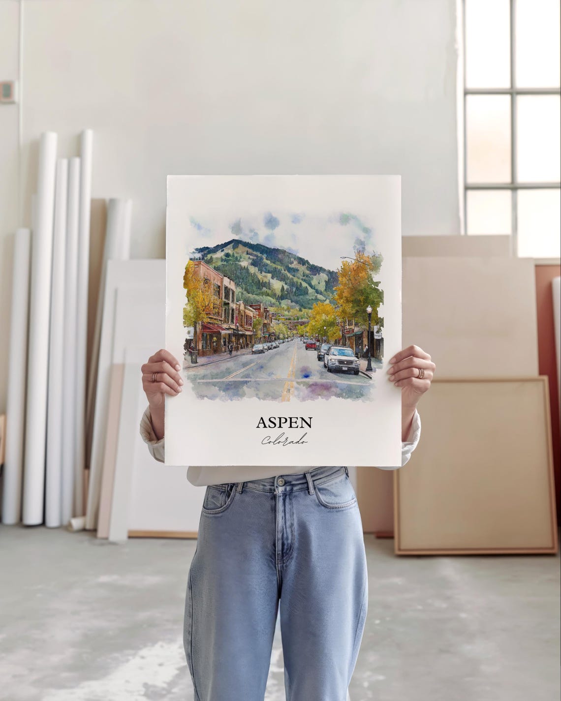Aspen Colorado Autumn Downtown Watercolor Ski Mountain Travel Poster - Image 4