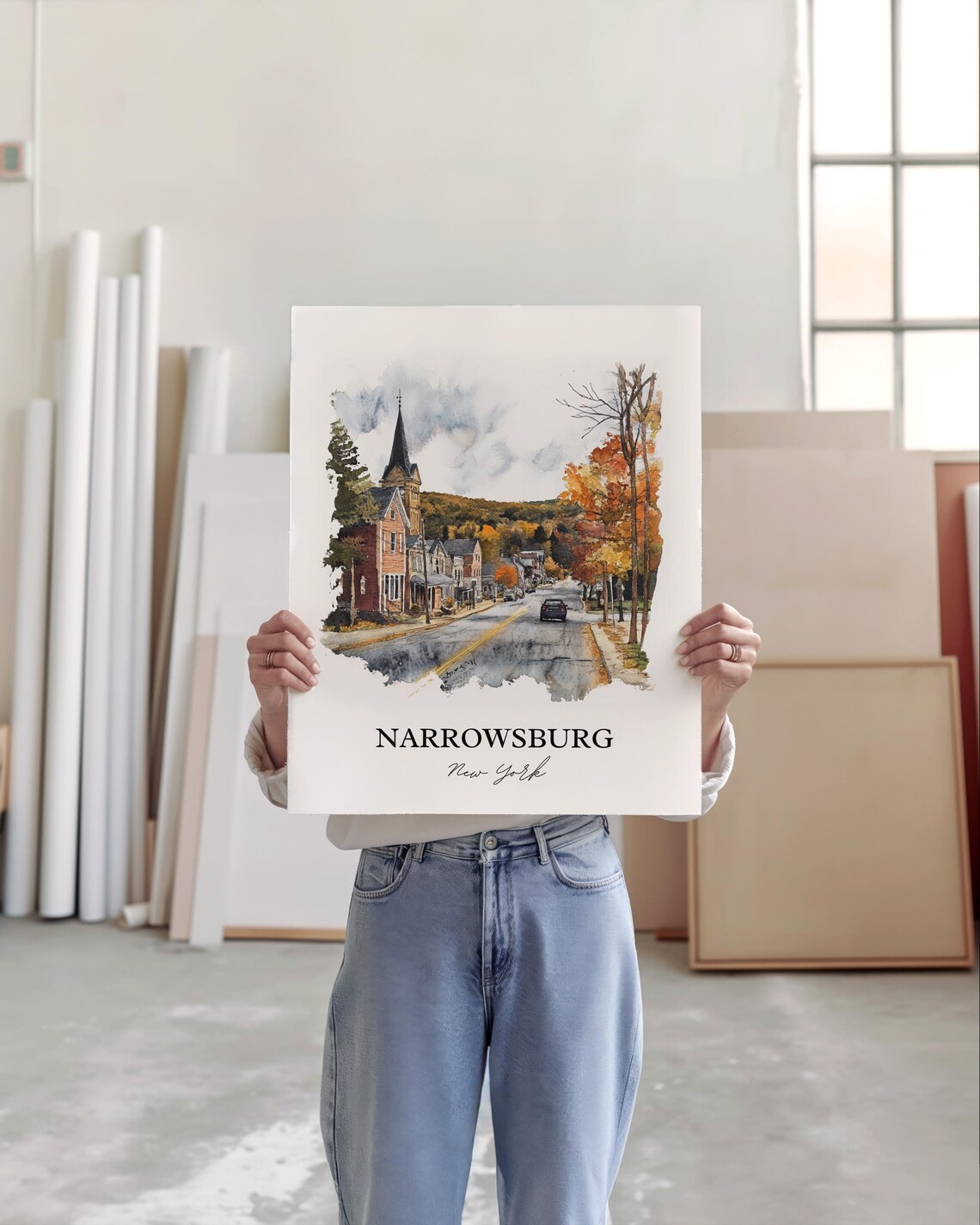 Narrowsburg New York Autumn Main Street Church Watercolor Poster - Image 4