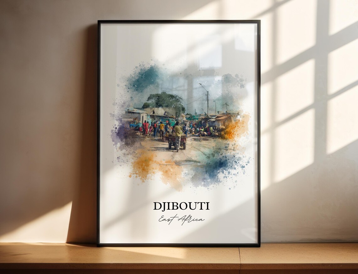 Djibouti East Africa Bustling Market Street Watercolor Travel Poster