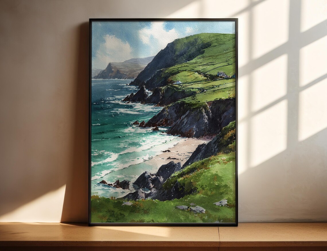 Emerald Green Coastal Cliffs Watercolor Ocean Seascape Art Poster