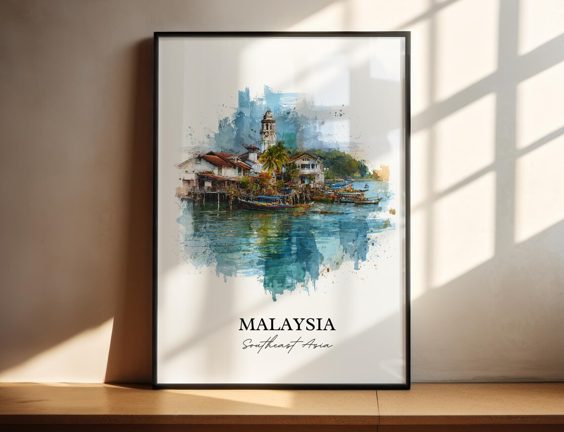Malaysia Southeast Asia Stilt Fishing Village Watercolor Poster