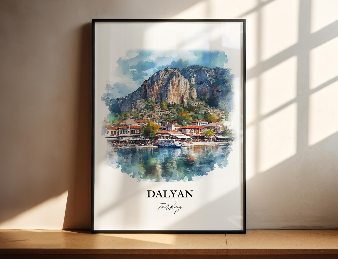 Dalyan Turkey Watercolor Harbor Town Rock Mountain Lake Poster
