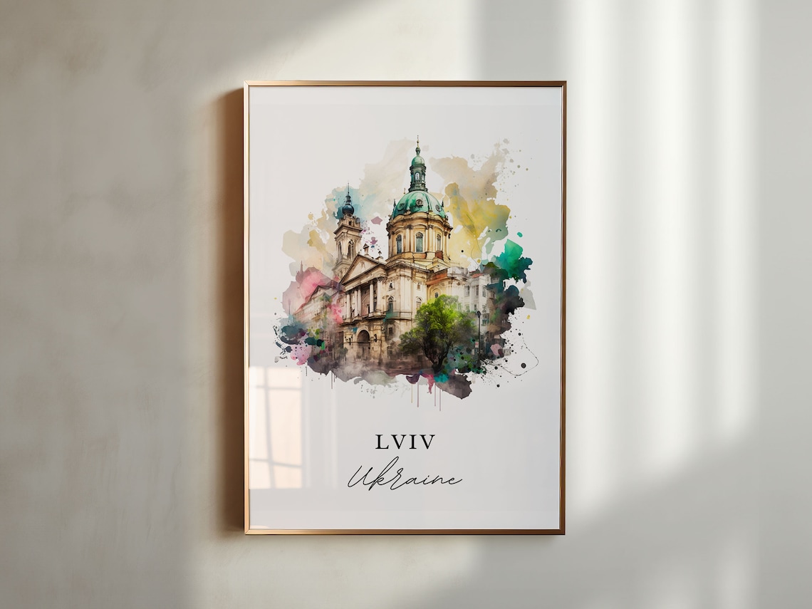 Lviv Ukraine Green Domed Cathedral Watercolor Art Travel Poster - Image 3