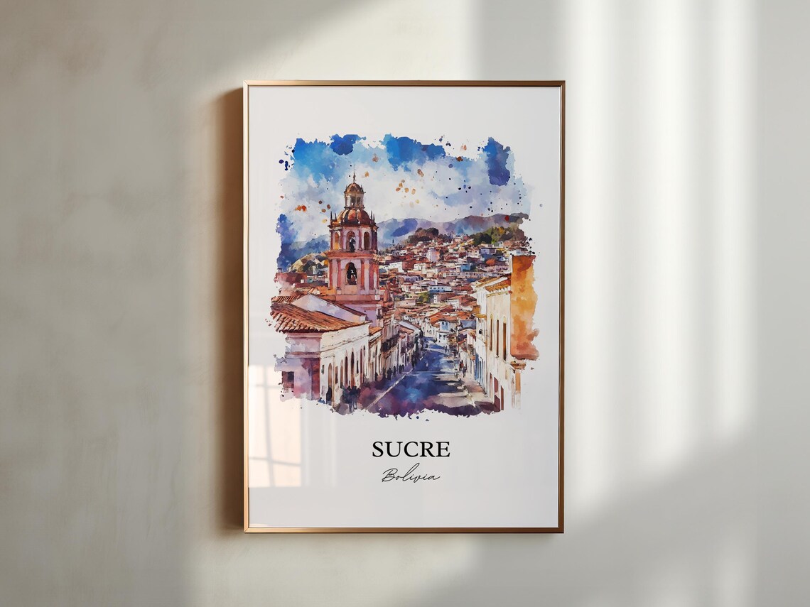 Sucre Bolivia Watercolor Colonial Street Church Tower Travel Poster - Image 5