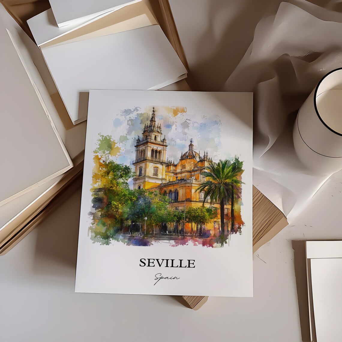 Seville Spain Cathedral Palms Square Watercolor Travel Poster - Image 3