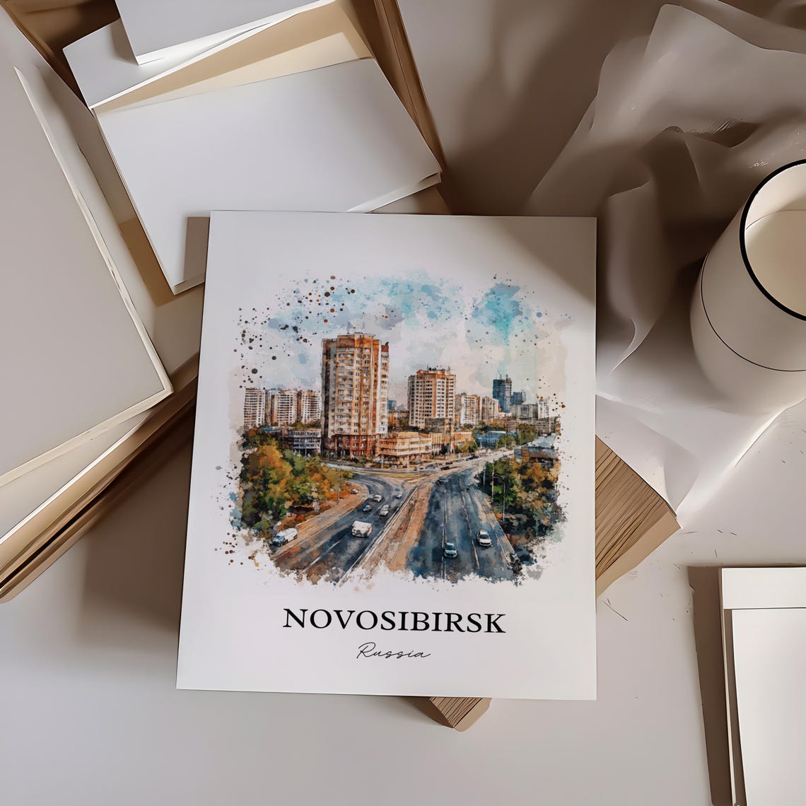 Novosibirsk Russia Modern City Skyline Watercolor Cityscape Poster - Image 4