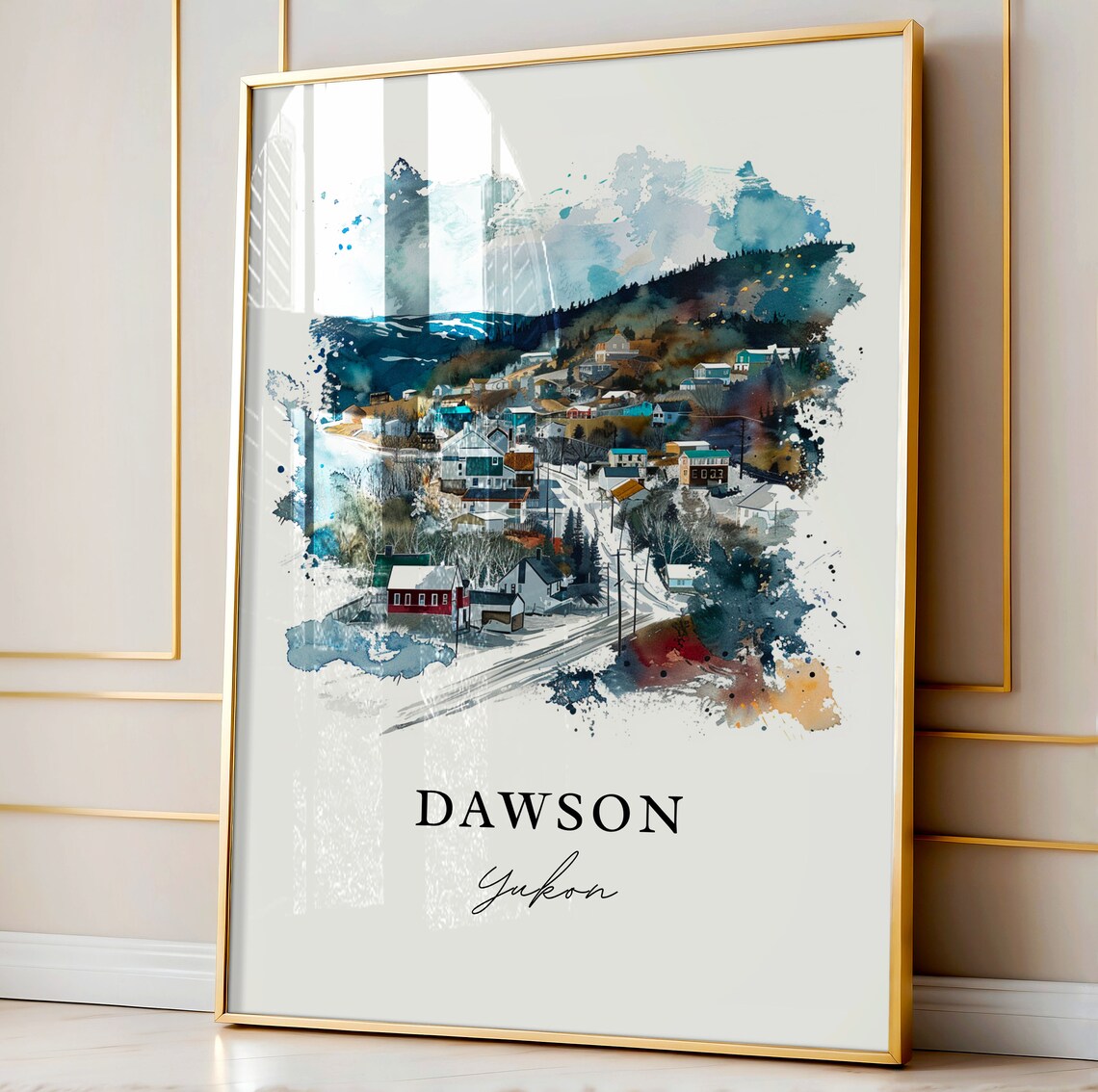 Dawson Yukon Watercolor Snowy Town Hills Winter Scene Poster - Image 3