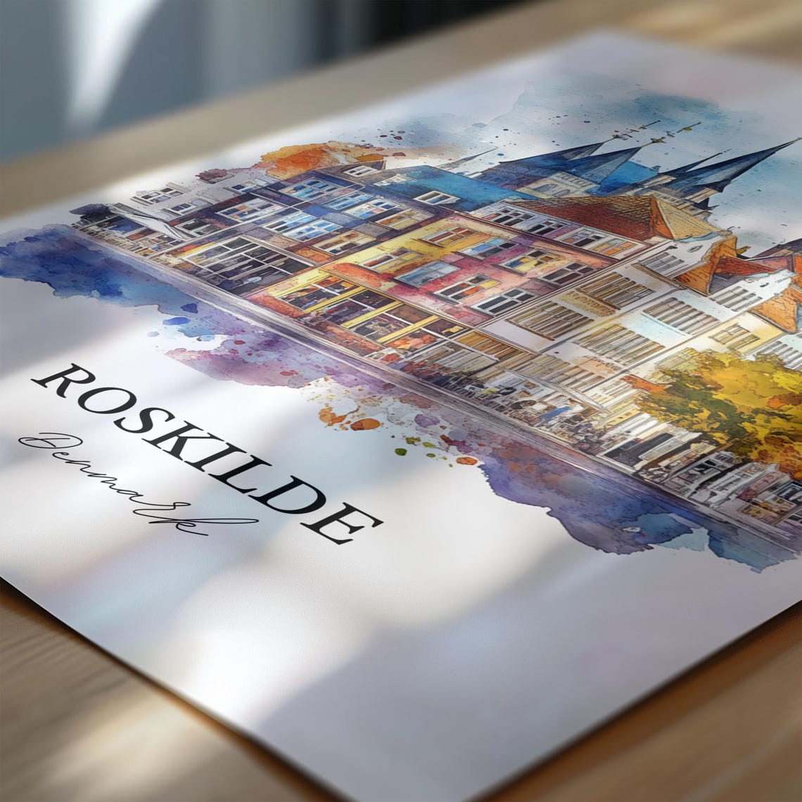 Roskilde Denmark Colorful Old Town and Spires Watercolor Poster - Image 6
