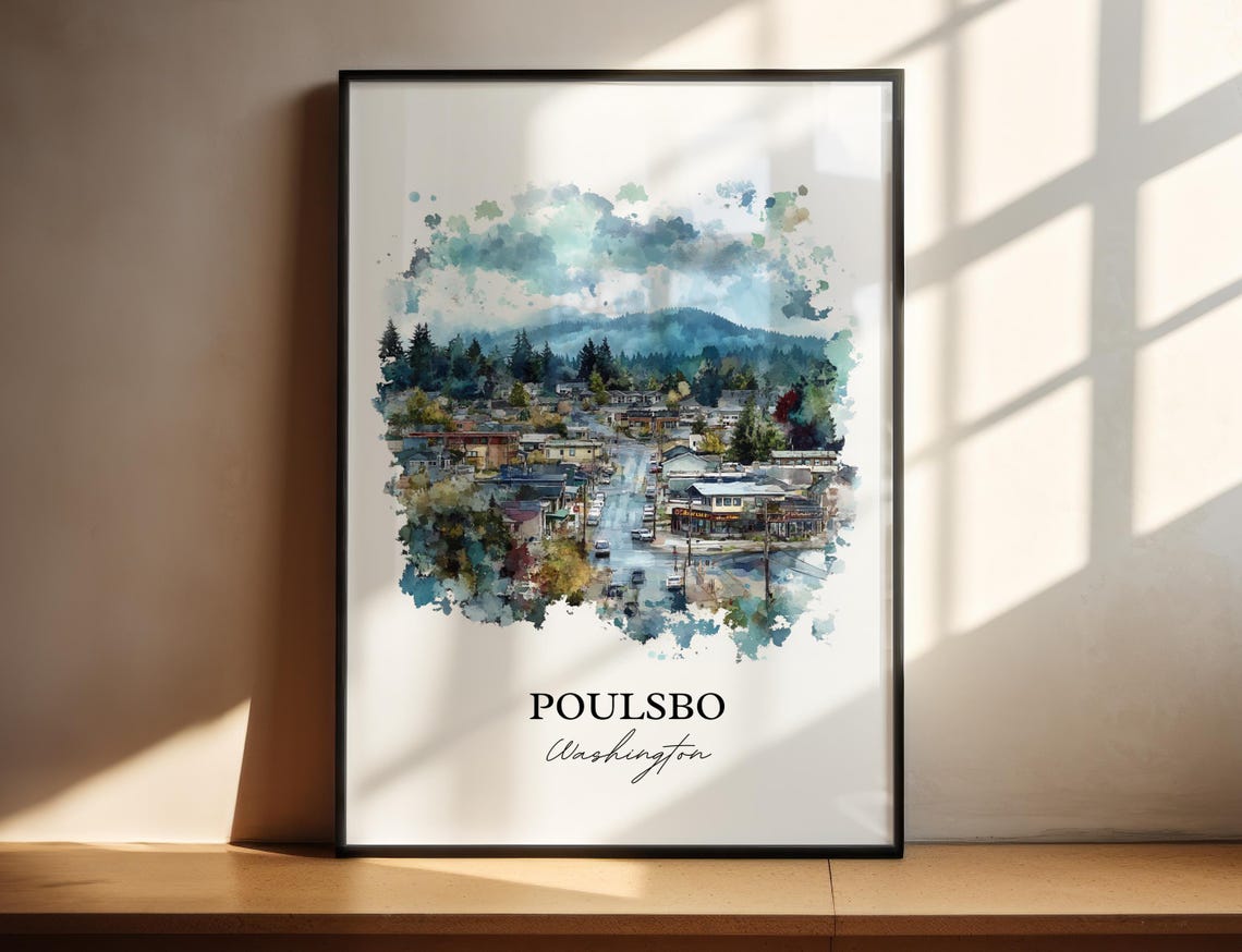 Poulsbo Washington Evergreen Town Aerial Watercolor Travel Poster
