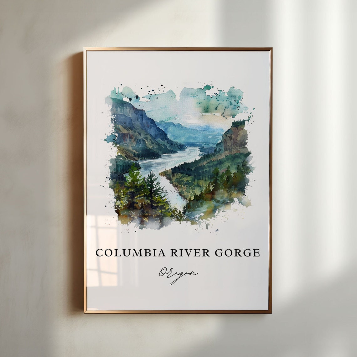 Columbia River Gorge Oregon Watercolor Evergreen Cliffs Scenic Poster