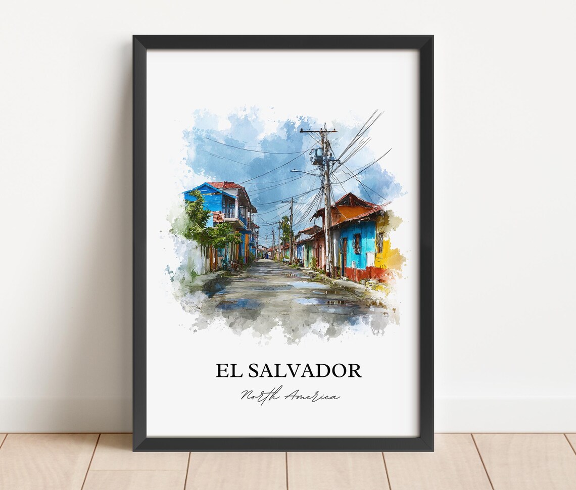 El Salvador Village Street Colorful Houses Watercolor Art Poster - Image 4