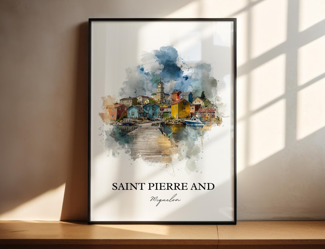 Saint Pierre and Miquelon Watercolor Fishing Village Harbor Poster