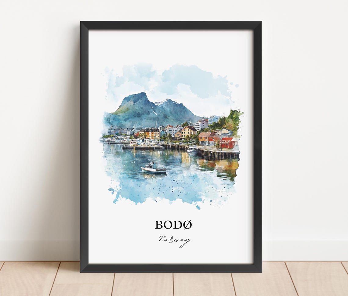 Bodo Norway Watercolor Harbor Town Mountain View Travel Poster - Image 5