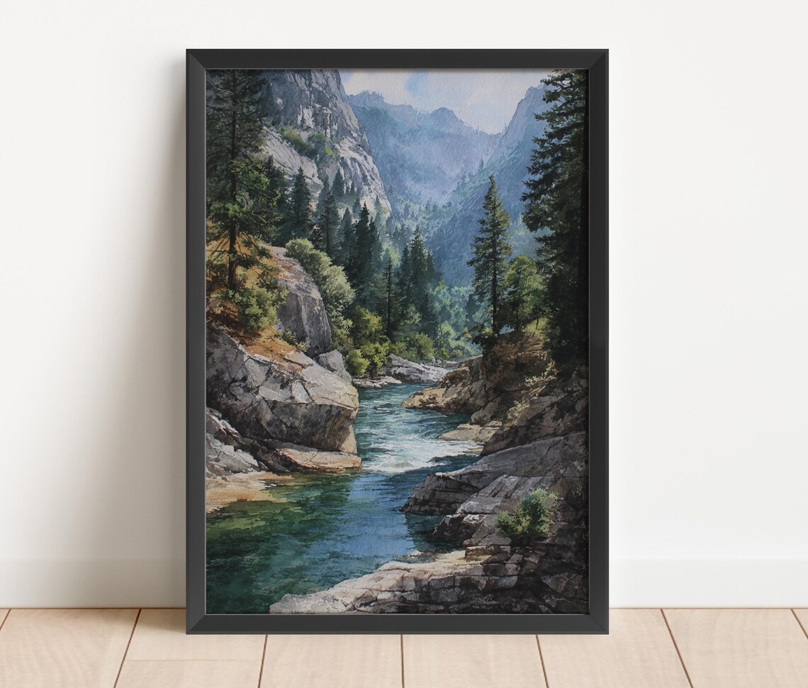 Kings Canyon California River Cliffs Pine Forest Watercolor Nature Poster