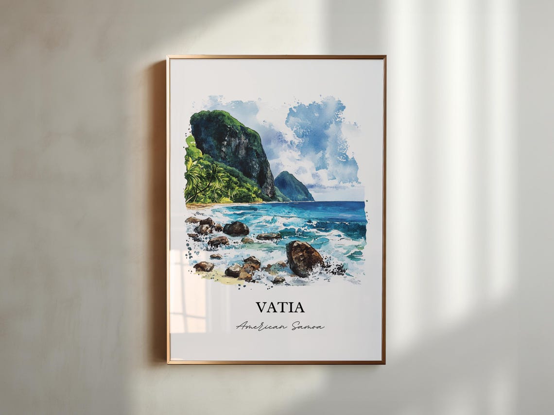 Vatia American Samoa Rocky Shoreline Sea Cliffs Watercolor Poster - Image 4