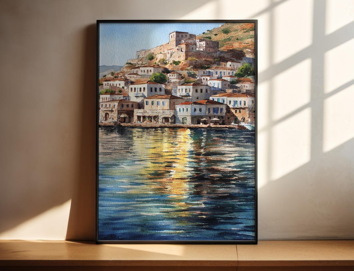 Hydra Greece Hillside Harbor Reflection Watercolor Travel Poster