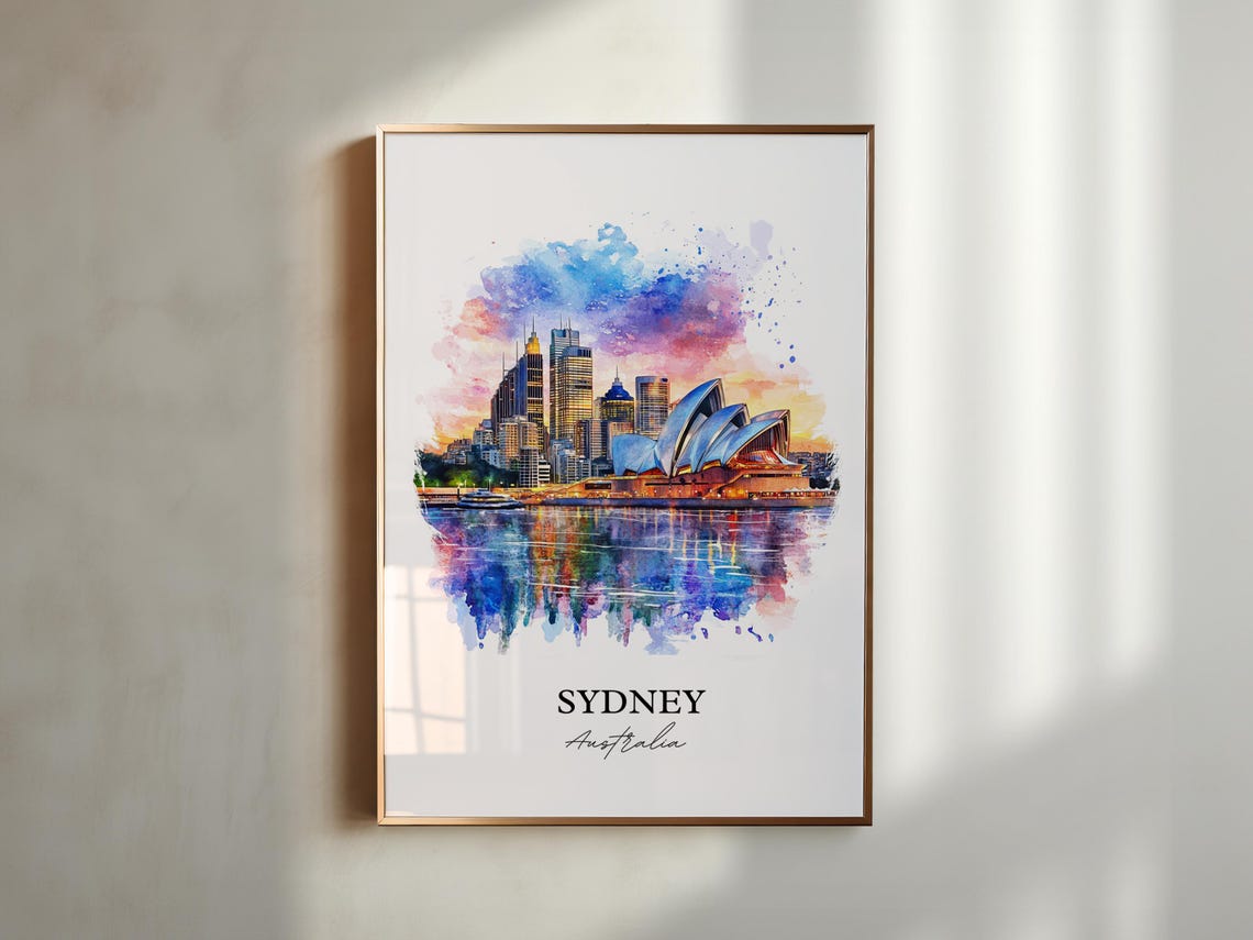 Sydney Australia Opera House Harbor Sunset Watercolor Art Poster - Image 4