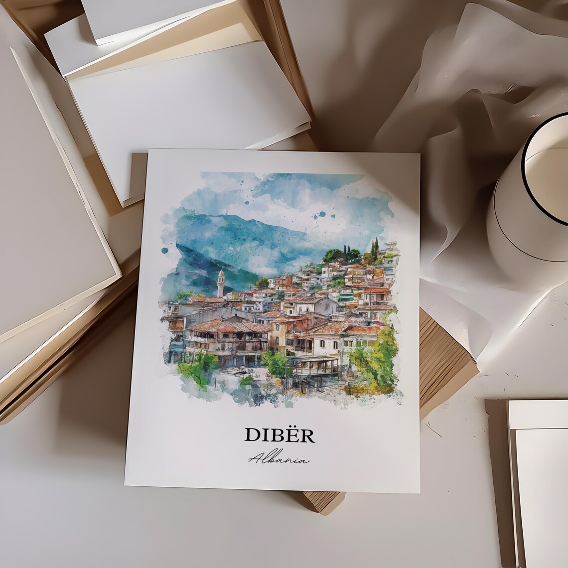 Diber Albania Watercolor Historic Mountain Town Travel Poster - Image 2