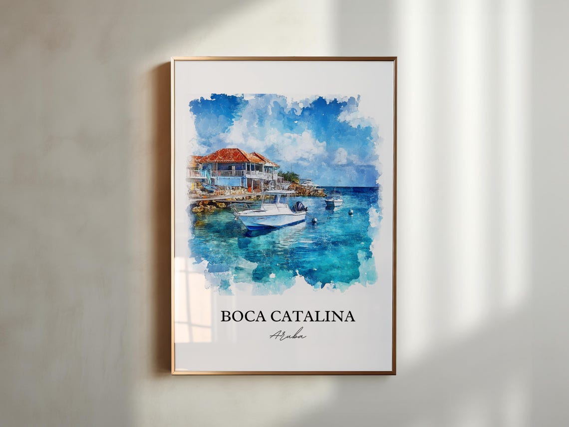 Boca Catalina Aruba Watercolor Beach House Boats Cove Poster - Image 3