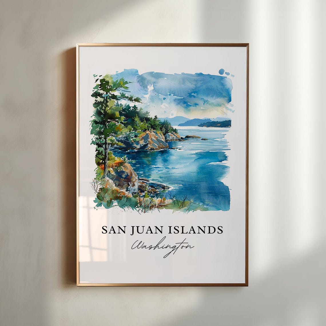 San Juan Islands Washington Rocky Coastline Watercolor Travel Poster