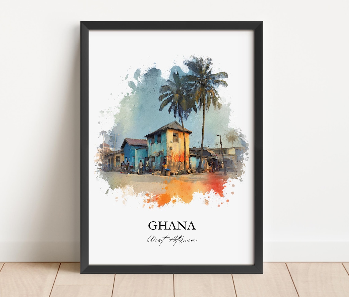 Ghana West Africa Colorful Village Palm Trees Art Travel Poster - Image 2