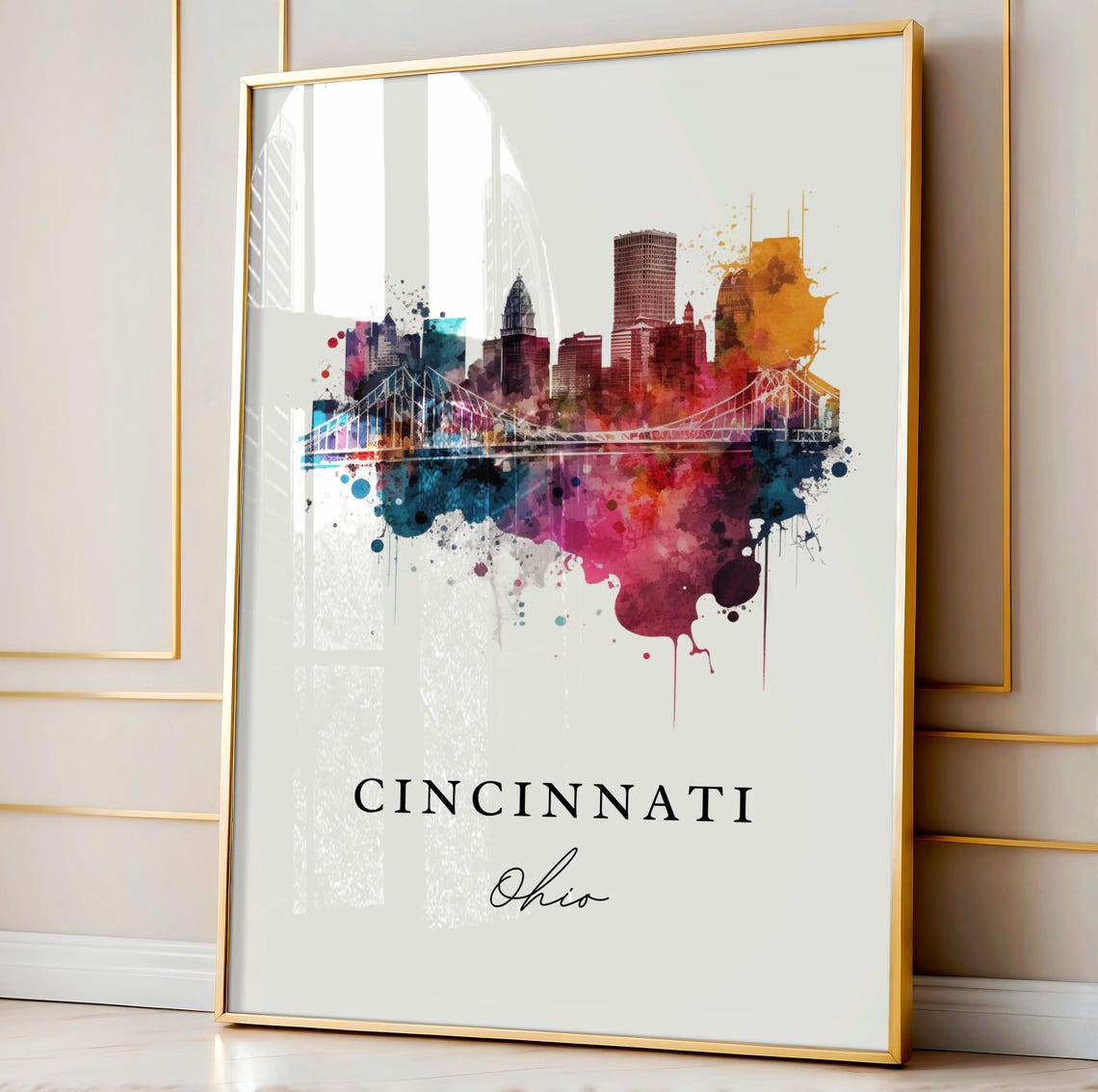 Cincinnati Ohio Skyline Bridge Watercolor City Travel Poster - Image 5