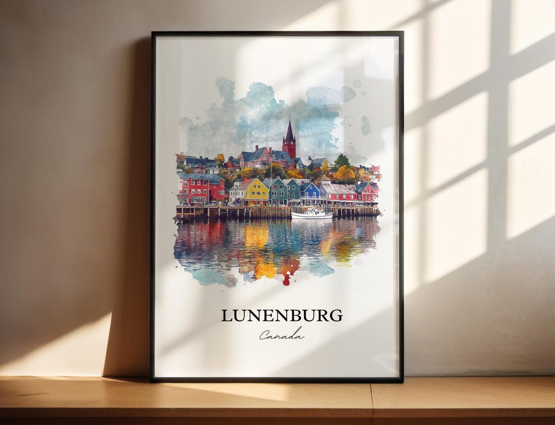 Lunenburg Nova Scotia Colorful Harbor Watercolor Travel Poster