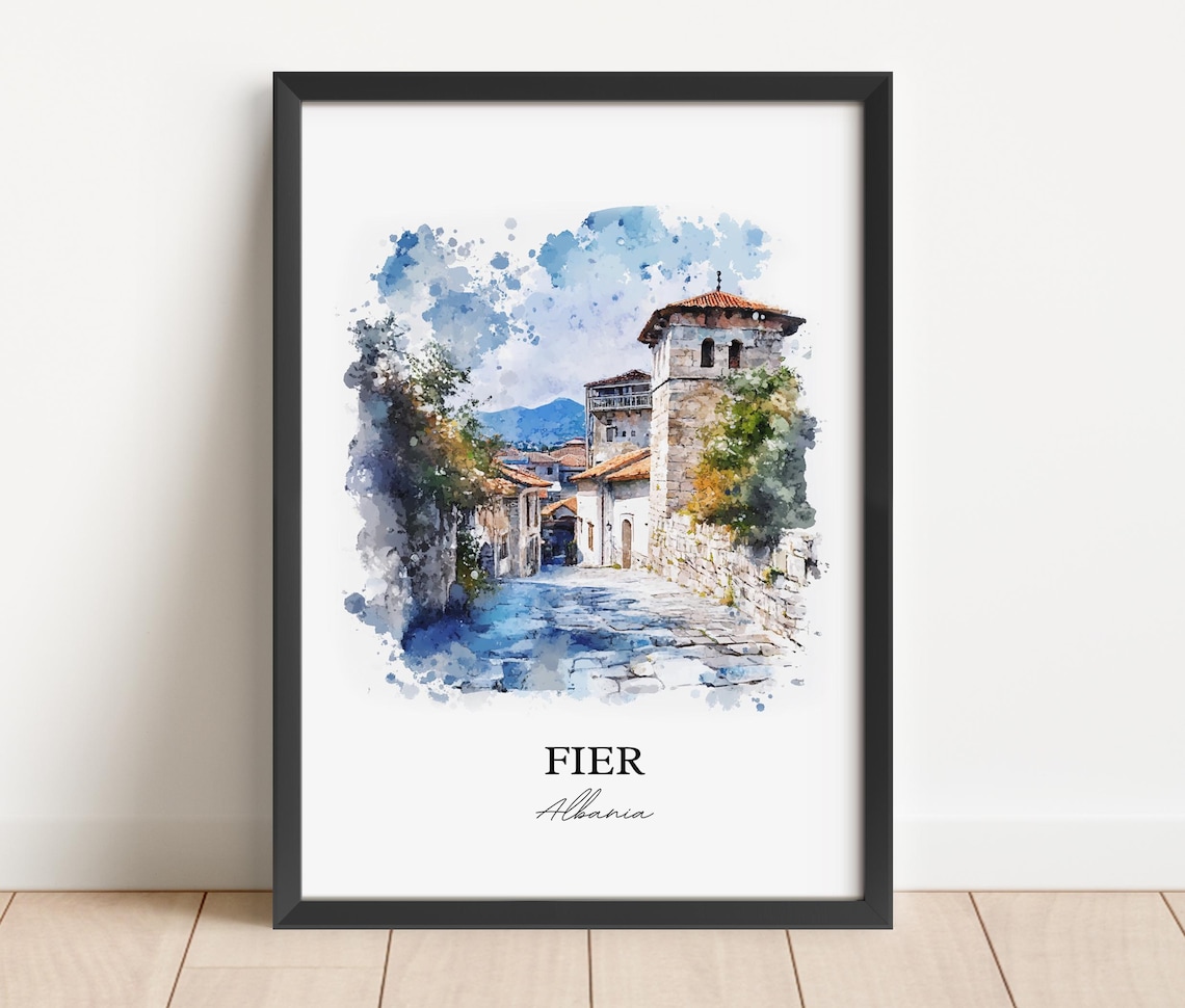 Fier Albania Old Town Stone Street Watercolor Skyline Travel Art Print - Image 3