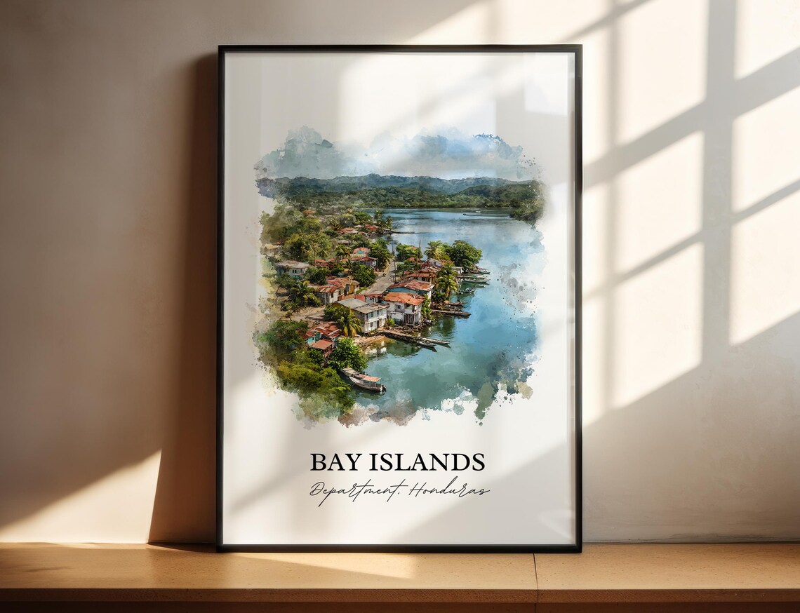 Bay Islands Honduras Watercolor Coastal Village Travel Poster