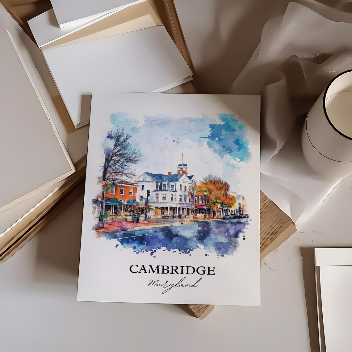Cambridge Maryland Historic Downtown Street Watercolor Travel Poster - Image 4
