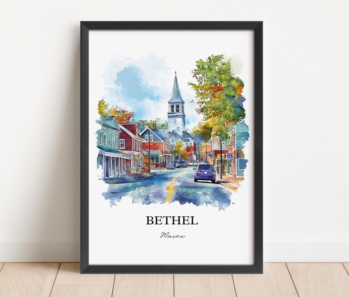 Bethel Maine Watercolor Travel Poster, Oxford County