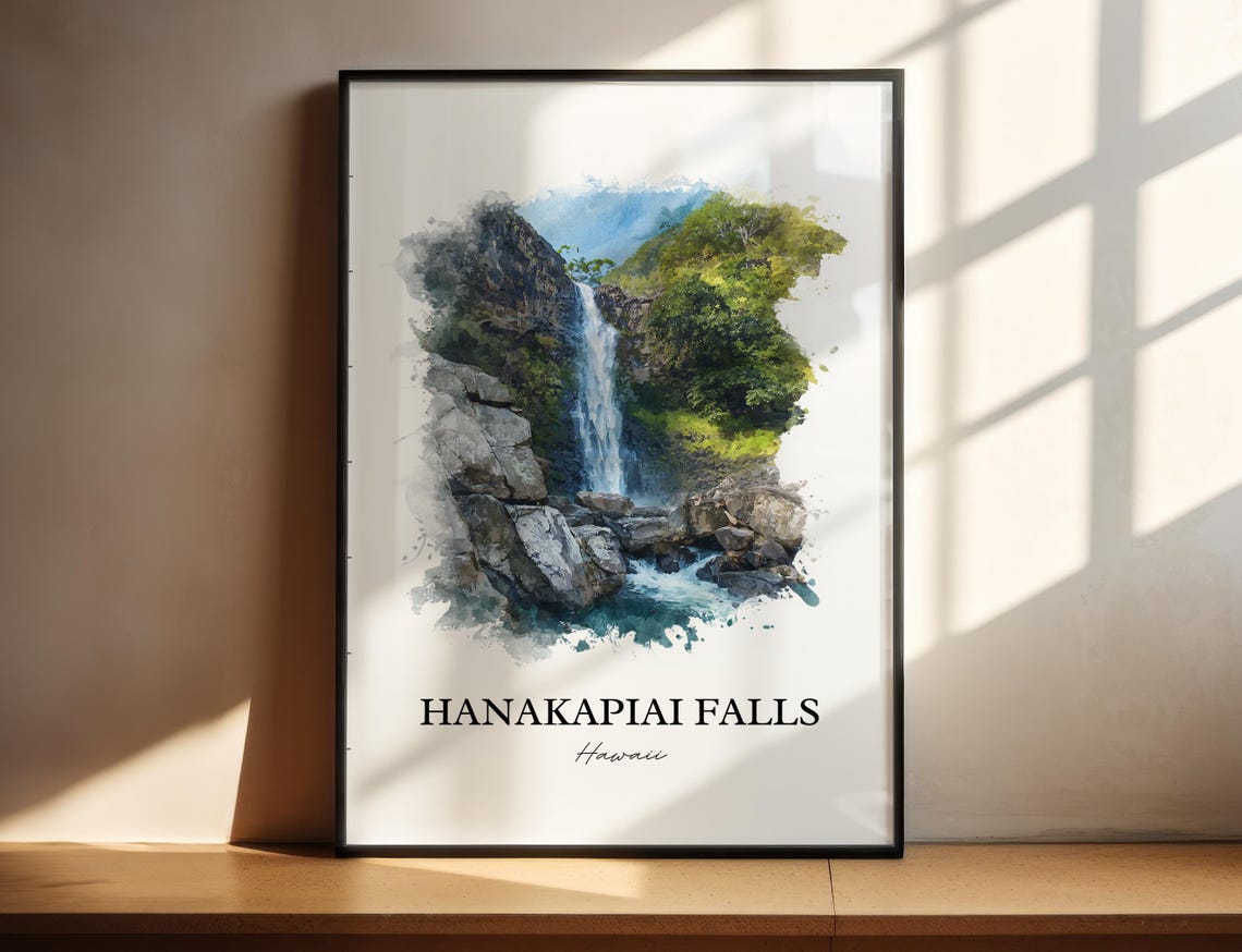 Hanakapiai Falls Hawaii Lush Jungle Cliffs Waterfall Watercolor Poster