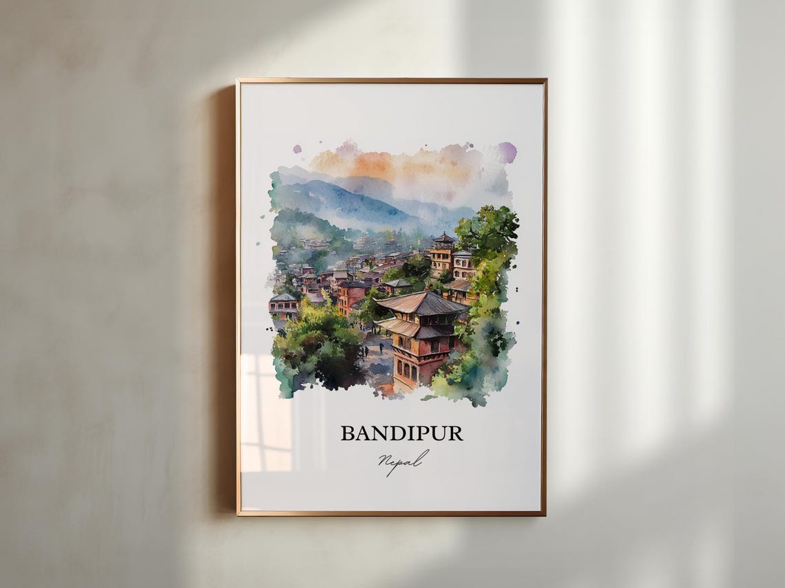 Bandipur Nepal Watercolor Charming Hill Town Pagoda Travel Poster - Image 6