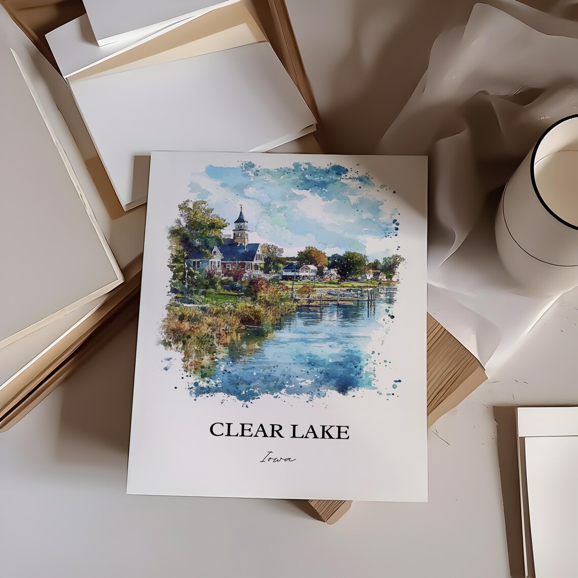 Clear Lake Iowa Watercolor Travel Poster, Cerro Gordo County - Image 5