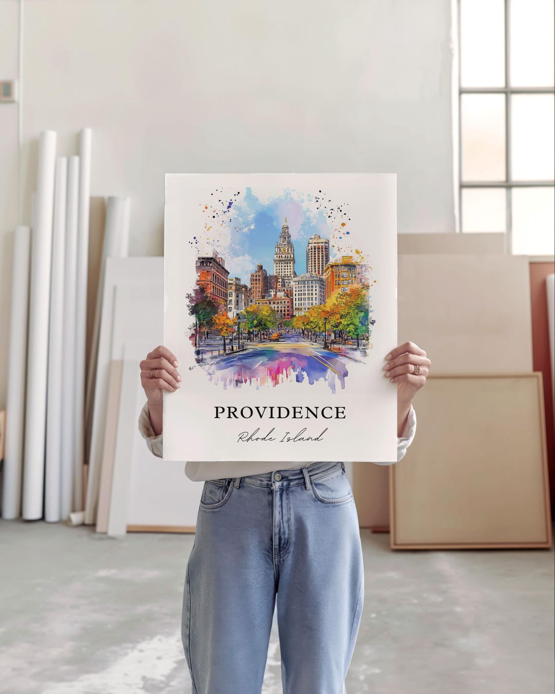 Providence Rhode Island Downtown Skyline Watercolor City Poster - Image 4