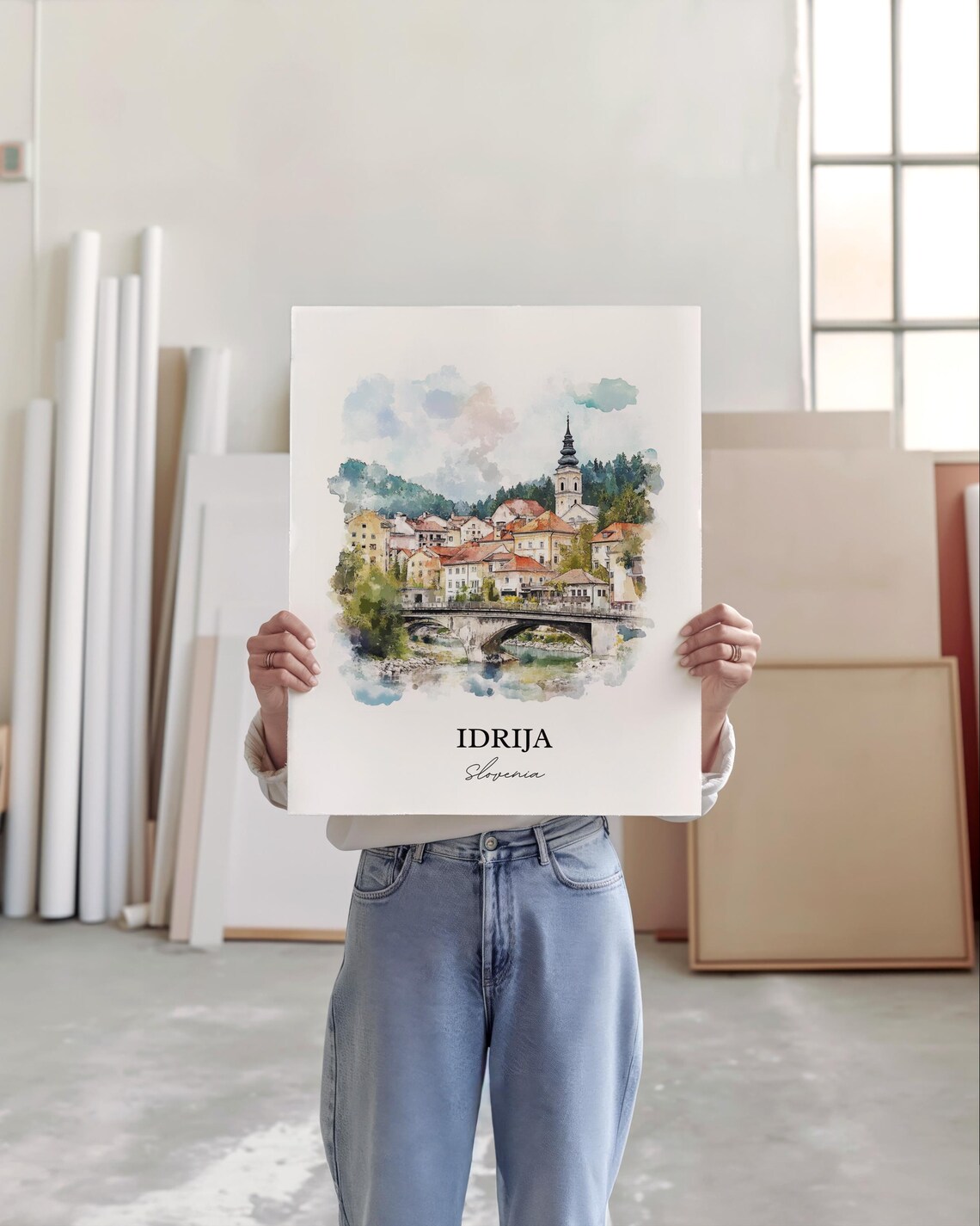 Idrija Slovenia River Bridge Church Tower Watercolor Old Town Poster - Image 4